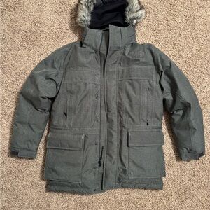 The North Face Men's Gray Puffer Jacket with Faux Fur Hood